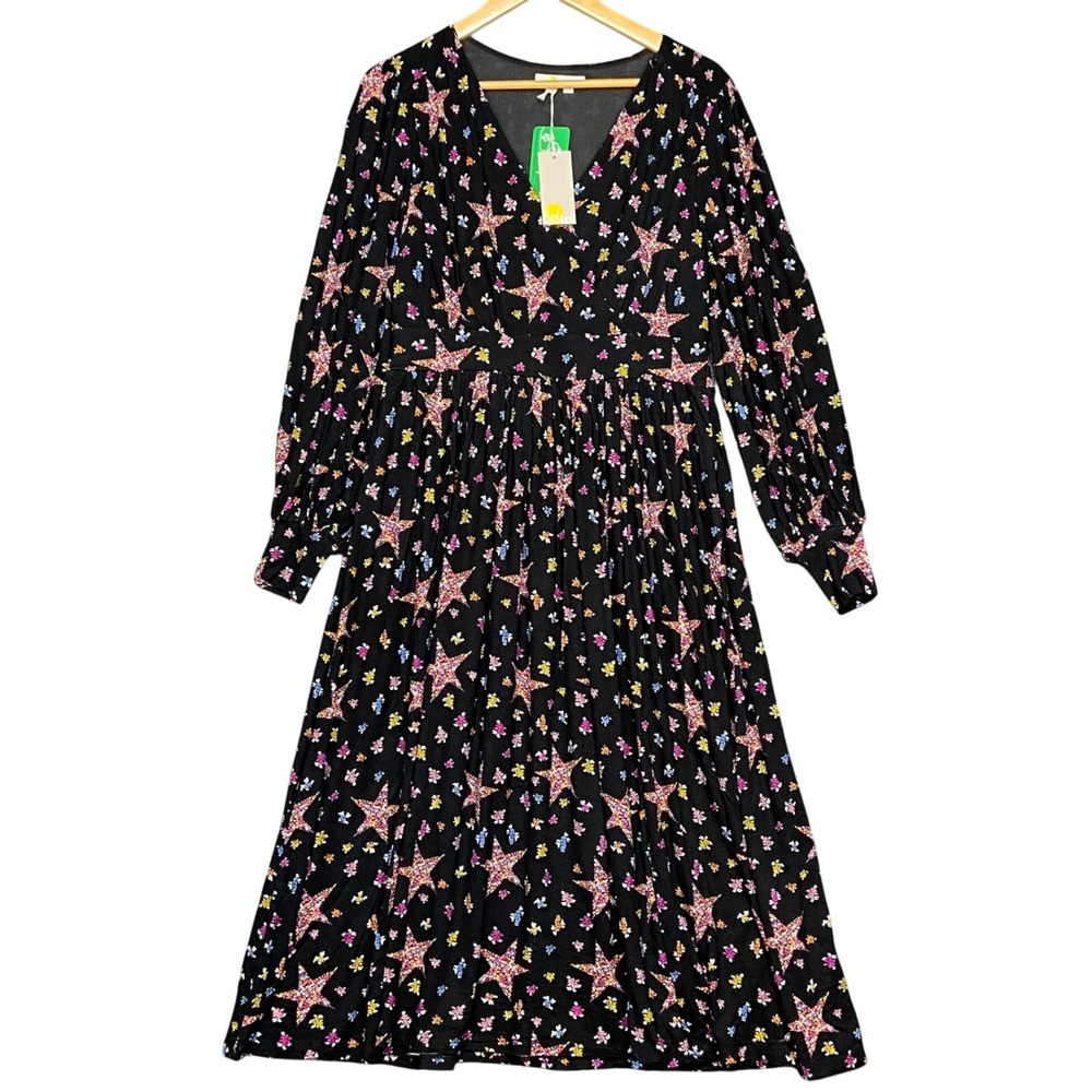 Boden Women's Black Star Print Long Sleeve Midi‎ Dress UK 14 US 10R D0324 NWT